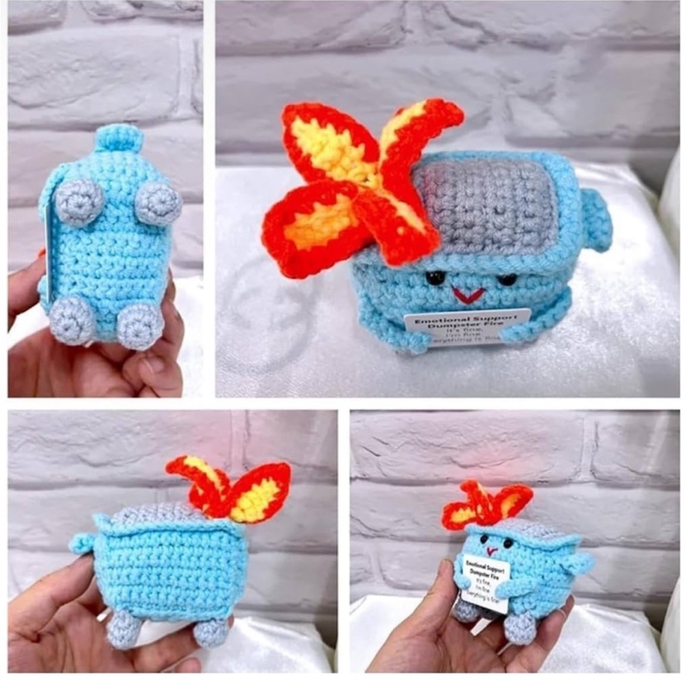 Handmade Blue Crochet 'Emotional Support Dumpster Fire' Plush - Picture 3 of 4